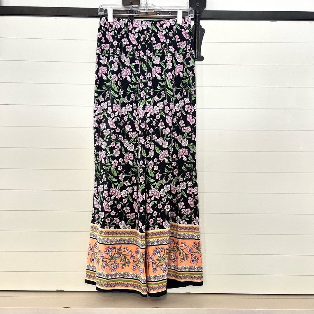 Black & Pink Floral Wide Leg Patterned Pants Vacation Resortwear Tropical Summer